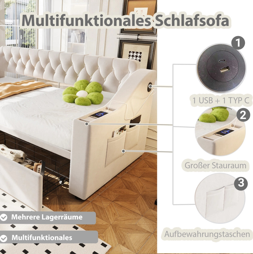 Divano letto imbottito 90x190 cm in velluto beige con cassetti contenitore e porte USB