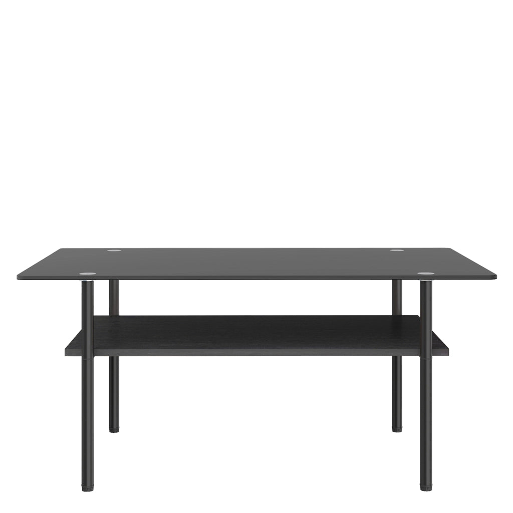 Tavolino basso con piano in vetro nero e ripiano in MDF, struttura in metallo, per soggiorno, 98 × 58 × 45 cm
