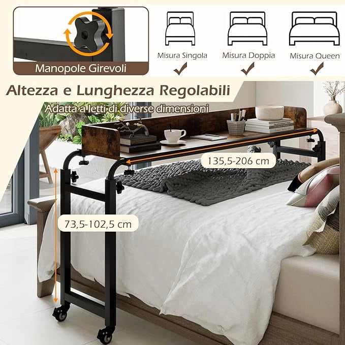 Scrivania Sopra-il-Letto con Ruote, Scrivania per Letto con Altezza e Lunghezza Regolabili, Telaio in Metallo, Mbile Portatile e Versatile per Camera da Letto, Soggiorno e Ospedale