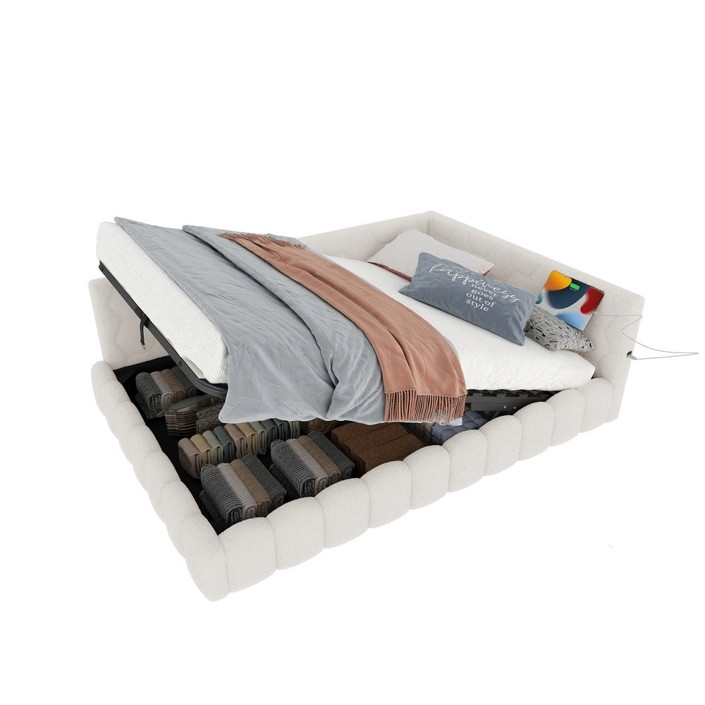 Letto Contenitore Imbottito con LED e Meccanismo Idraulico ¨C MINIMAL ¨C Bianco 140x200