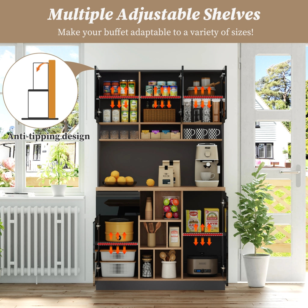 Credenza da Cucina con Ante; Cassetto; Ripiani Regolabili e Vani Aperti in MDF 105x45x185 cm Nero e Naturale