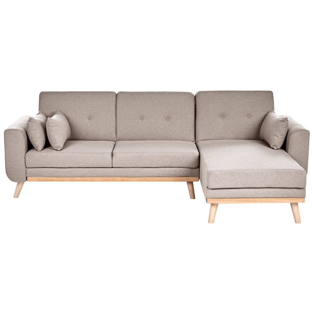 Divano Angolare ad Angolo Sinistro Beige in Tessuto Imbottito a L con Seduta Trapuntata Cuscini Decorativi e Funzione Letto