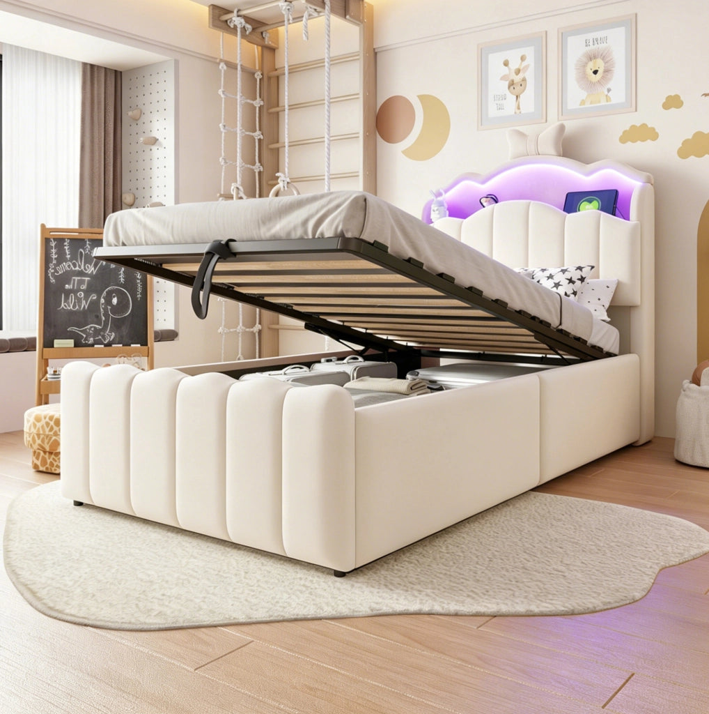 Letto per bambini 90x200 cm con contenitore idraulico; LED e USB/USB-C; beige
