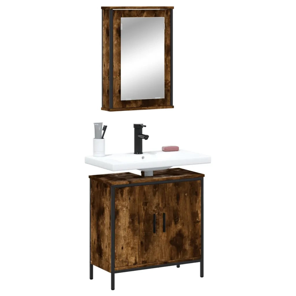 Set Mobili da Bagno | Armadio da bagno 2 pz Rovere Fumo in Legno Multistrato
