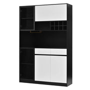 Credenza alta con LED e vetrina, ripiani aperti, vani chiusi e portabottiglie per soggiorno e sala da pranzo, in MDF, nero e bianco, 120 × 35 × 180 cm