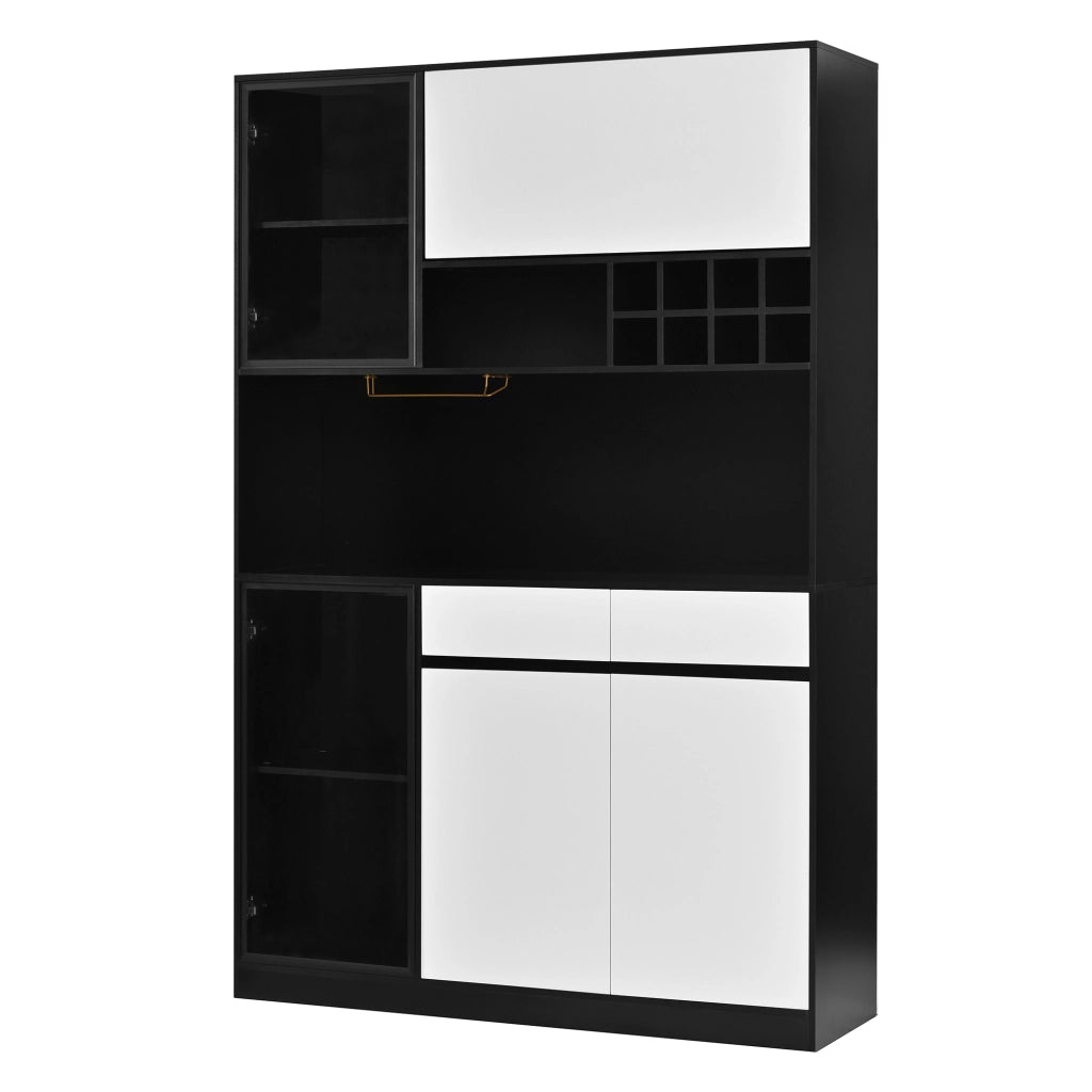 Credenza alta con LED e vetrina, ripiani aperti, vani chiusi e portabottiglie per soggiorno e sala da pranzo, in MDF, nero e bianco, 120 × 35 × 180 cm