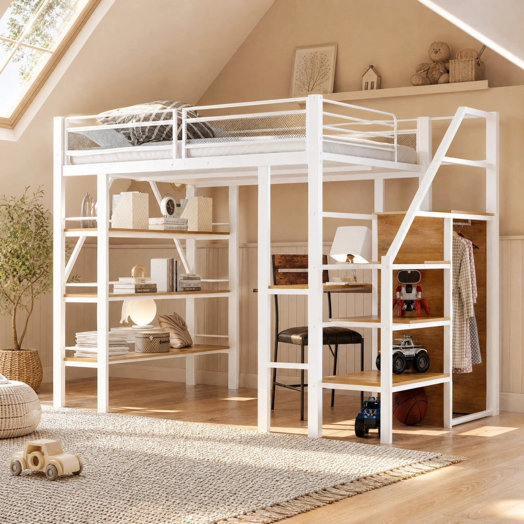Letto a soppalco 140x200 cm con scrivania, libreria a tre livelli e armadio integrato, struttura in metallo, bianco