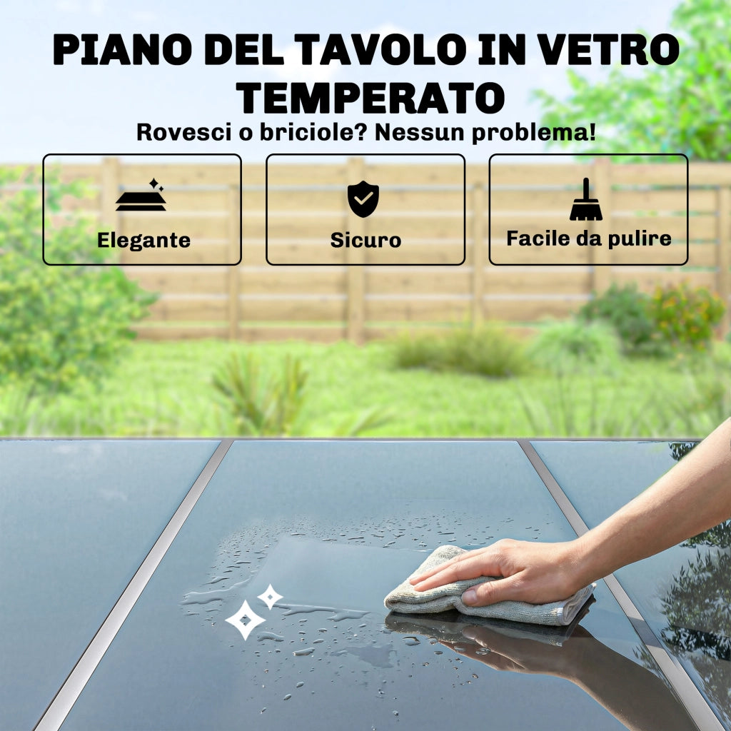 Set 7 Pezzi da Esterno con 6 Sedie Impilabili in Texteline e Tavolino da Caffè con Piano in Vetro in Acciaio Nero e