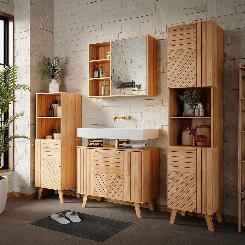 Mobile sottolavabo per bagno Lucie, Bambù, 80 x 65 cm con 2 cassetti, adatto per la conservazione salvaspazio di accessori da bagno