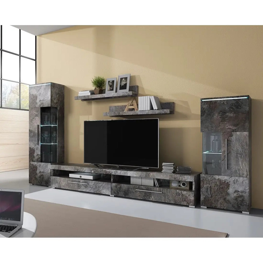 Composizione di 5 mobili design per soggiorno in colore grigio effetto ardesia collezione BOMBAY