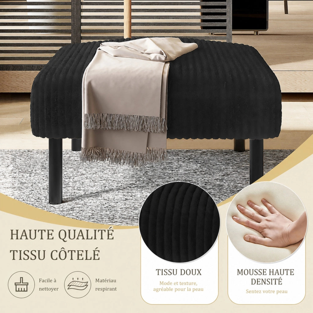 Pouf in corduroy con struttura in metallo, nero, compatto e versatile