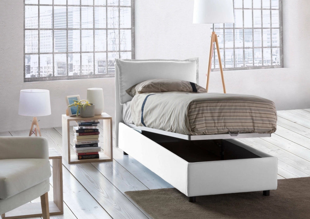 Letto singolo Azzurrino, Letto contenitore con rivestimento in tessuto, Made in Italy, Apertura frontale, adatto per materasso cm 80x200, Bianco