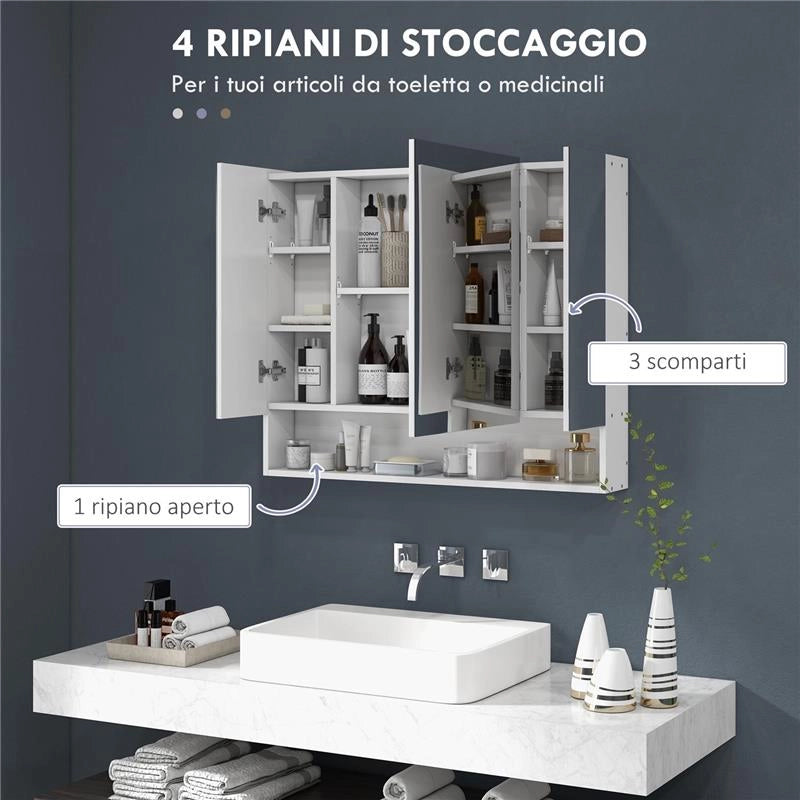 SPECCHIERA BAGNO CON ARMADIETTO 3 ANTE SOFT CLOSE E RIPIANI REGOLABILI, 90X15X75 CM, BIANCO