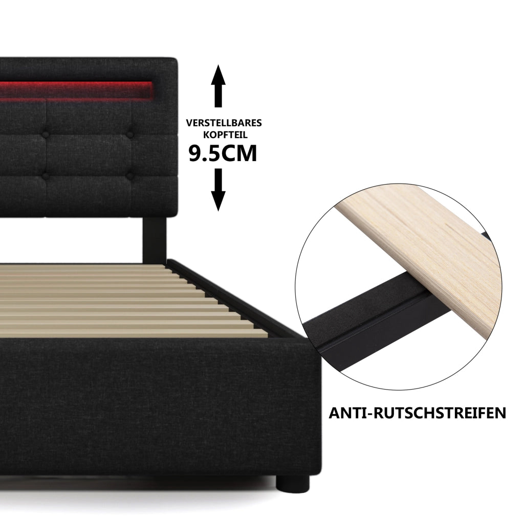 Letto singolo imbottito 90x200 cm con LED e 2 cassetti nero