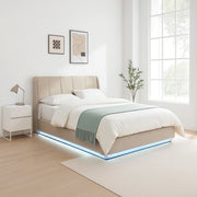 Letto Contenitore Tröstiar con Apertura a Ribalta e Luce LED Letto Francese 140x200 cm Beige [en.casa]