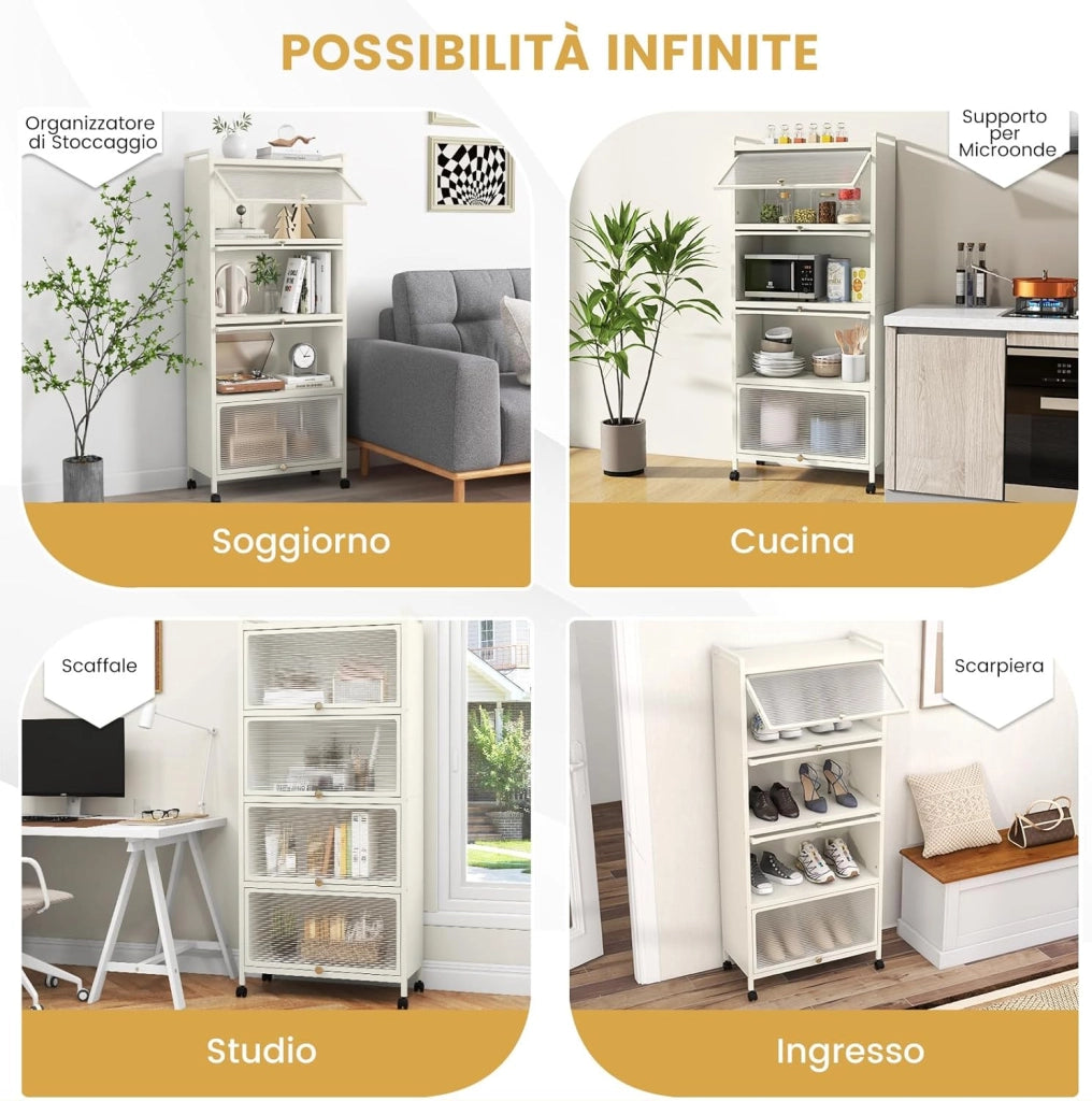 Armadio da Cucina a 5 Piani, Mobile Cucina Dispensa con Porte PC a Scomparsa, con 4 Ruote Girevoli, per Sala da Pranzo Soggiorno e Studio, 60x32x154 cm (Bianco)