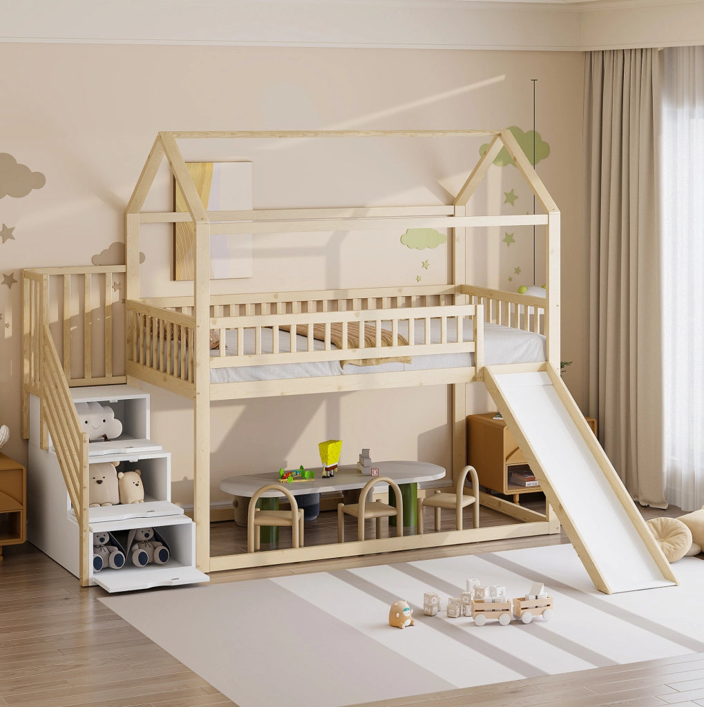 Letto a soppalco 90x200 cm con scivolo e scala contenitore in legno colore naturale