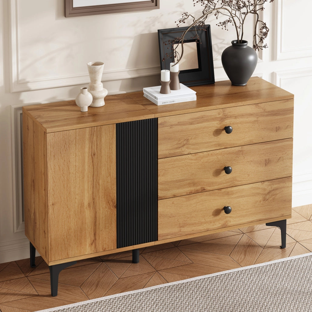 Credenza Moderna Legno e Nero Mobile Buffet 120 cm con 3 Cassetti e Anta