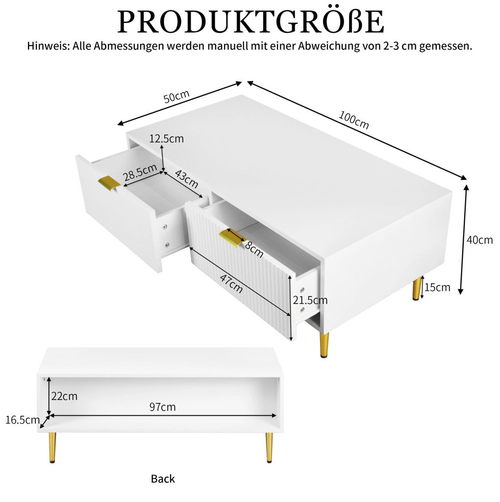 Tavolino da caffè moderno 100x50x40 cm con 2 cassetti in MDF bianco e oro