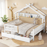 Letto bambino-Xylo-140x200 cm-anti caduta, tetto, 2m ripiano, 2 cassetti, bianco+naturale