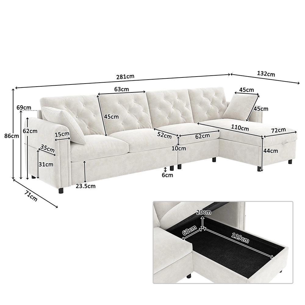 Divano moderno in velluto - Xylo - Angolare con ripostiglio, beige (281cm)