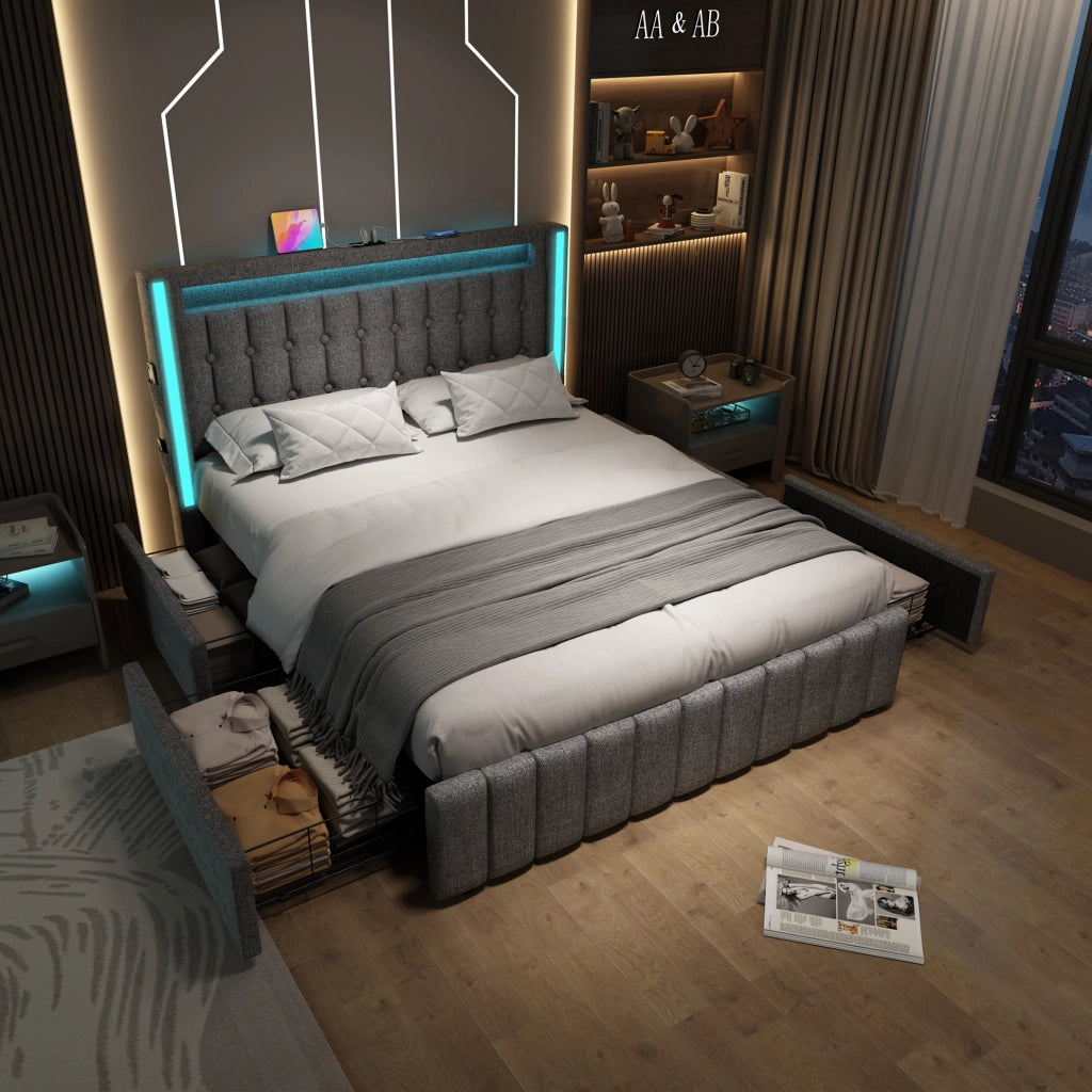 Letto 140x200 cm con LED; USB C e 4 cassetti; lino grigio