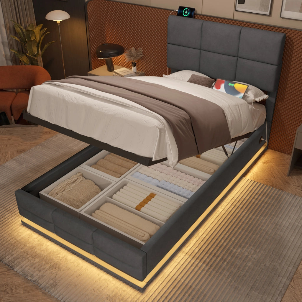DESMIU Lit Coffre 90 × 200 cm 1 piazza con USB, LED regolabile e testiera regolabile, senza materasso, velluto grigio scuro