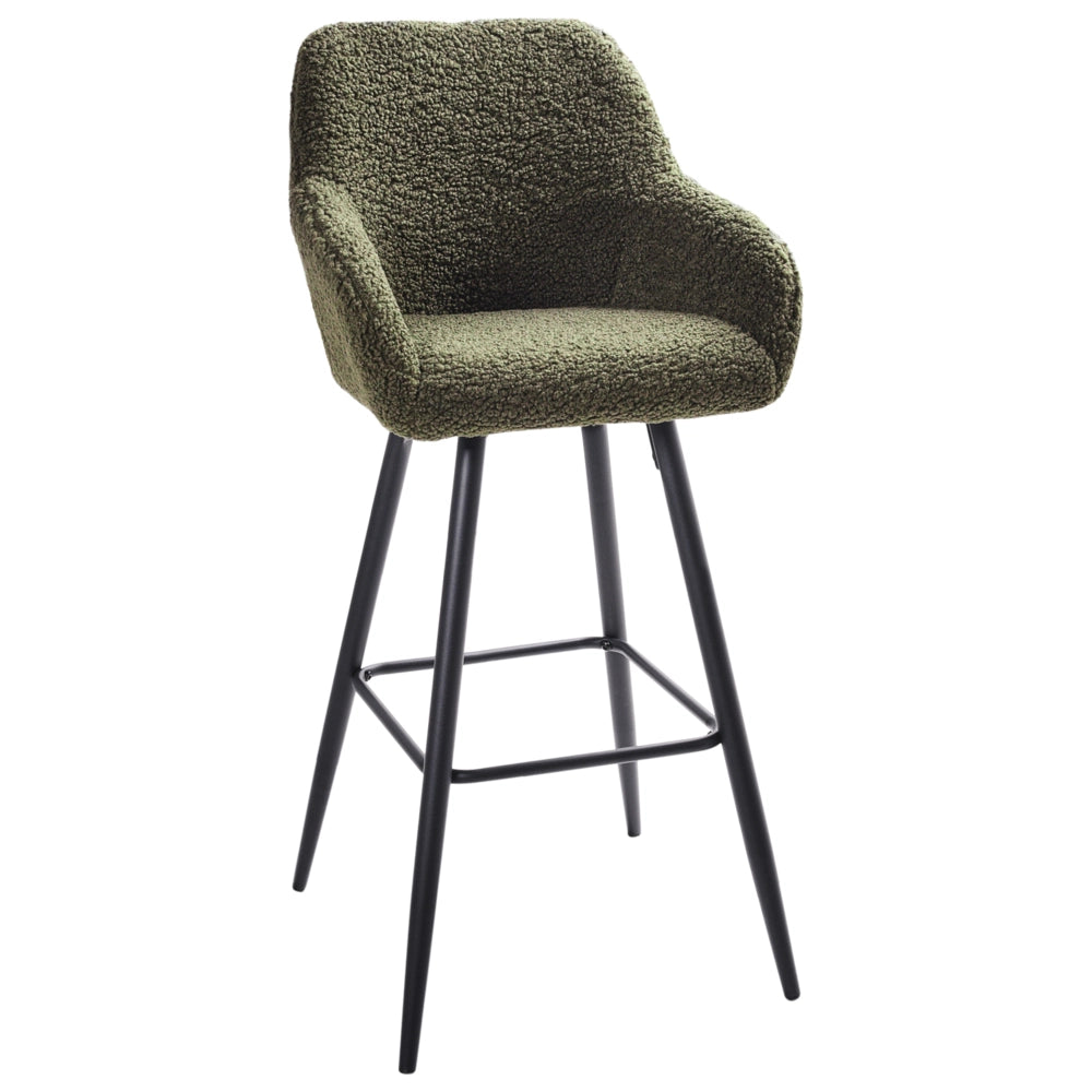 Set di 2 sgabelli da bar in tessuto bouclè verde scuro con seduta imbottita e gambe in metallo stile moderno soggiorno