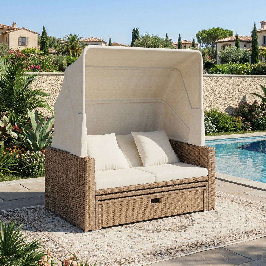 Set Divano da Giardino in Polyrattan ¨C Xylo ¨C Beige, con Tavolino Regolabile e Tenda