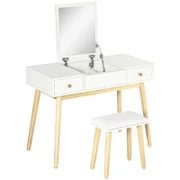 Set di Toeletta con Sgabello, 2 Cassetti e Specchio Ribaltabile, Stile Scandinavo, 100 x 45 x 118 cm, Bianco