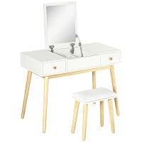 Set di Toeletta con Sgabello, 2 Cassetti e Specchio Ribaltabile, Stile Scandinavo, 100 x 45 x 118 cm, Bianco