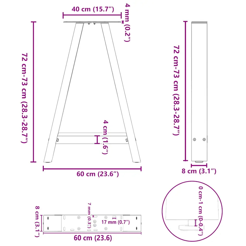 Gambe per tavolo da pranzo a forma di A 2 pz 60x(72-73) cm in acciaio