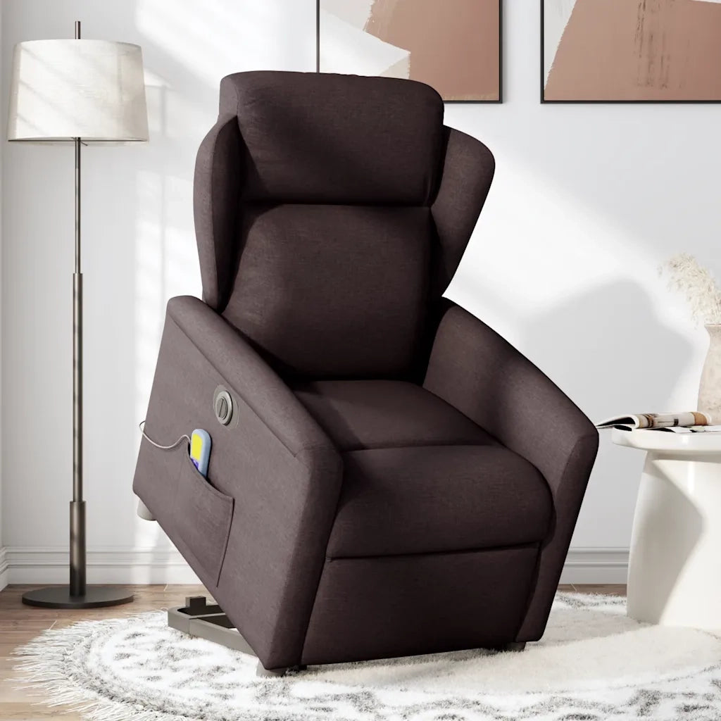 vidaXL Poltrona Alzapersona Massaggio Elettrica Marrone Scuro Tessuto
