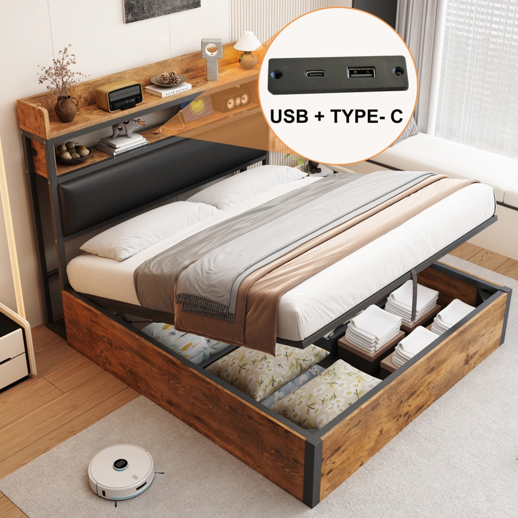 OKWISH Letto contenitore 140×200 cm, Letto Matrimoniale con Vano Contenitore, USB, Testiera Imbottita e Mensole, senza Materasso, Nero