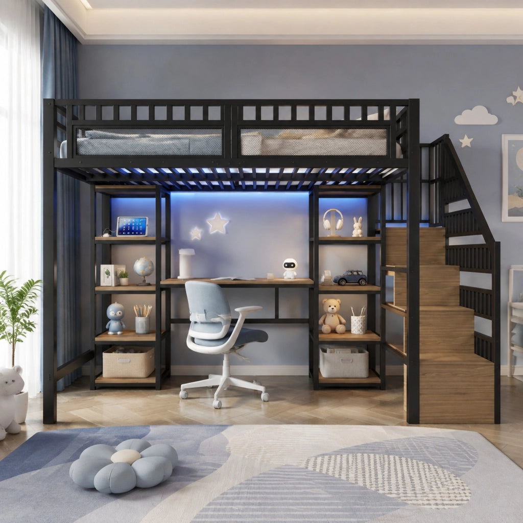 Letto a soppalco 140x200 cm con scrivania, LED e USB