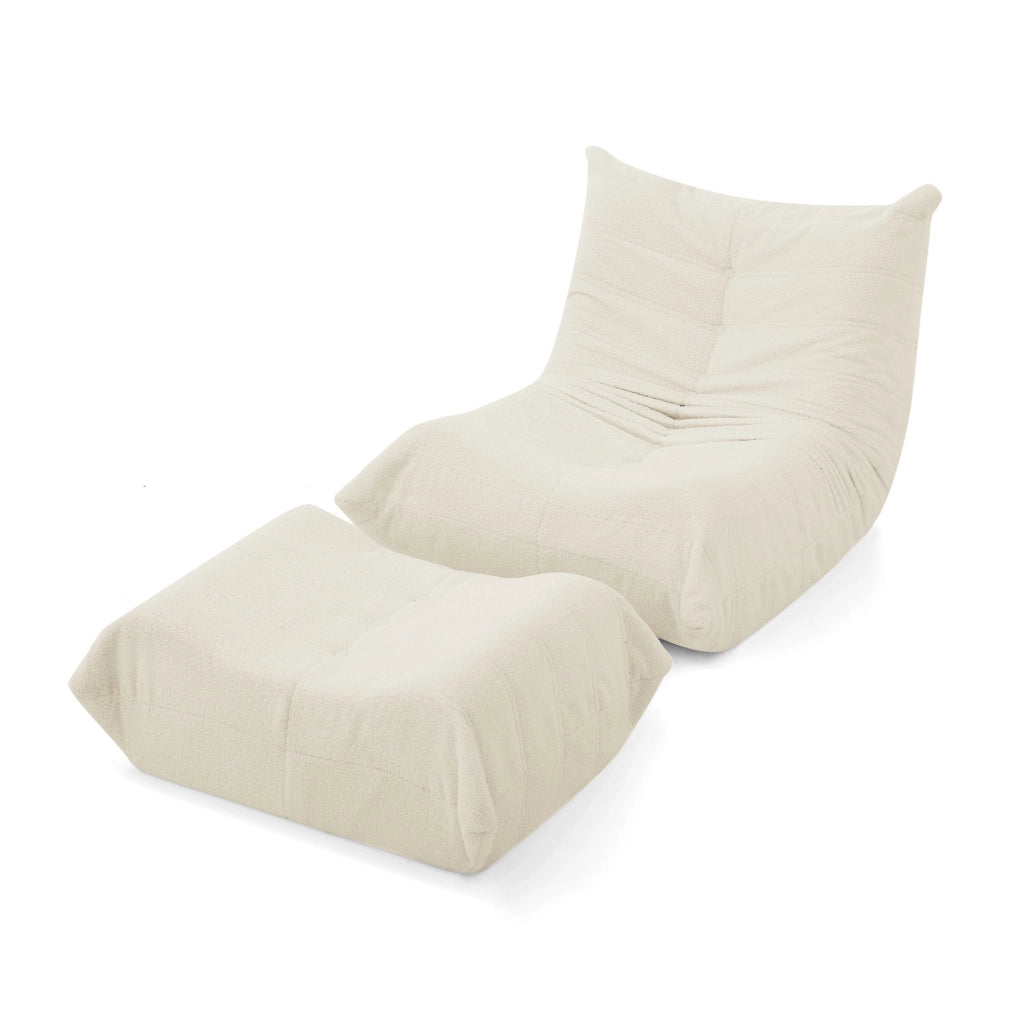 Poltrona da pavimento in teddy beige con poggiapiedi