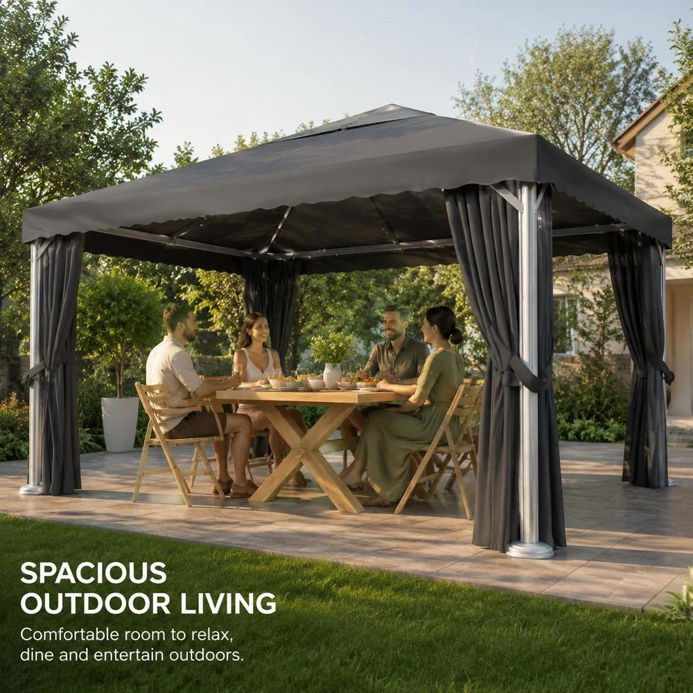 Pavilion With Curtains & LED String Lights 4x3 M Anthracite