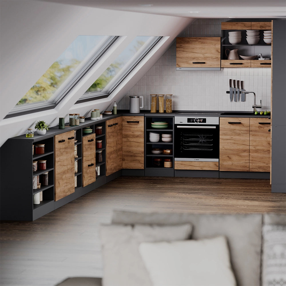 Mobile cucina sottotetto R-Line Rovere dorato/Antracite 80 cm con 2 porte, carcassa 60 cm profondità Vicco