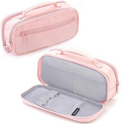 Etui per ragazze, etui con grande capacità, 3 compartimenti e maniglia, etui per adulti, etui multifunzionale per scuola e ufficio (rosa)