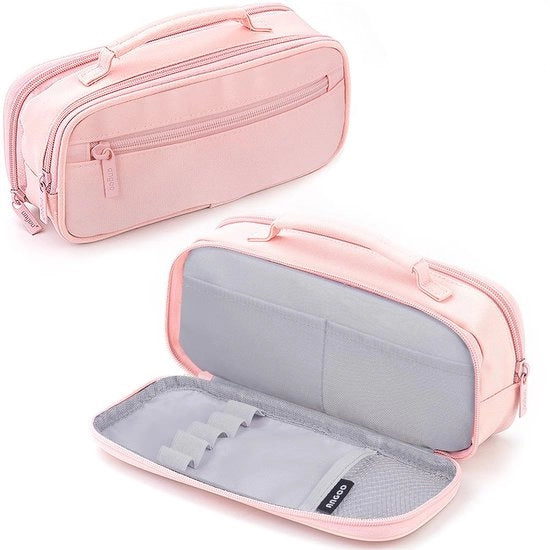 Etui per ragazze, etui con grande capacità, 3 compartimenti e maniglia, etui per adulti, etui multifunzionale per scuola e ufficio (rosa)