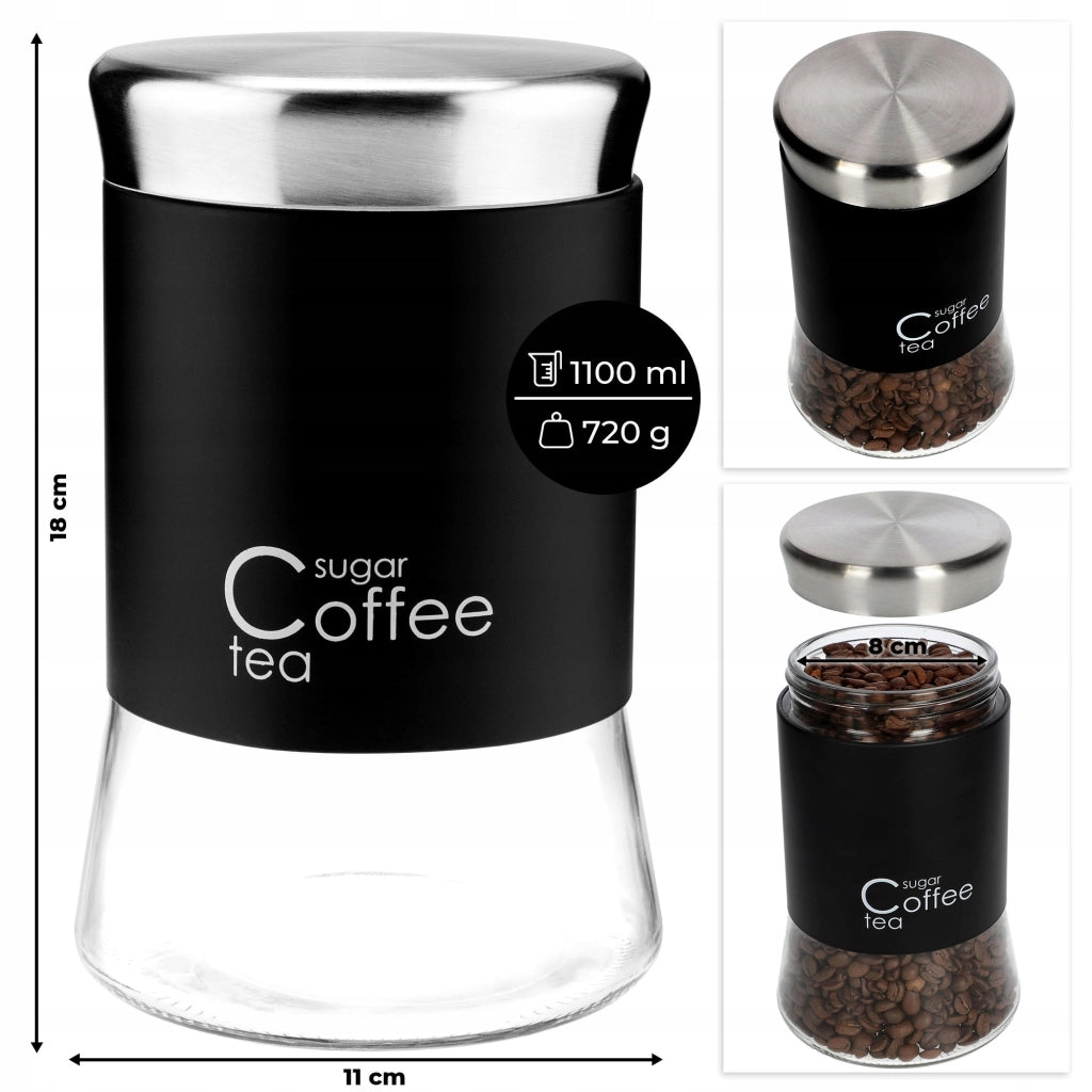 Contenitore in vetro con coperchio nero KADAX per caffè, tè e zucchero, capacità 1000 ml (1 litro).