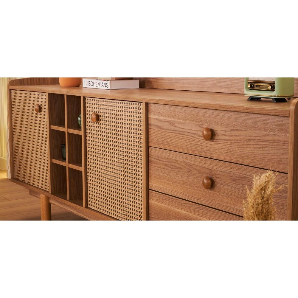Madia 2 ante effetto vimini con cassetti e vani a giorno finitura rovere miele Natura 206x45x86H