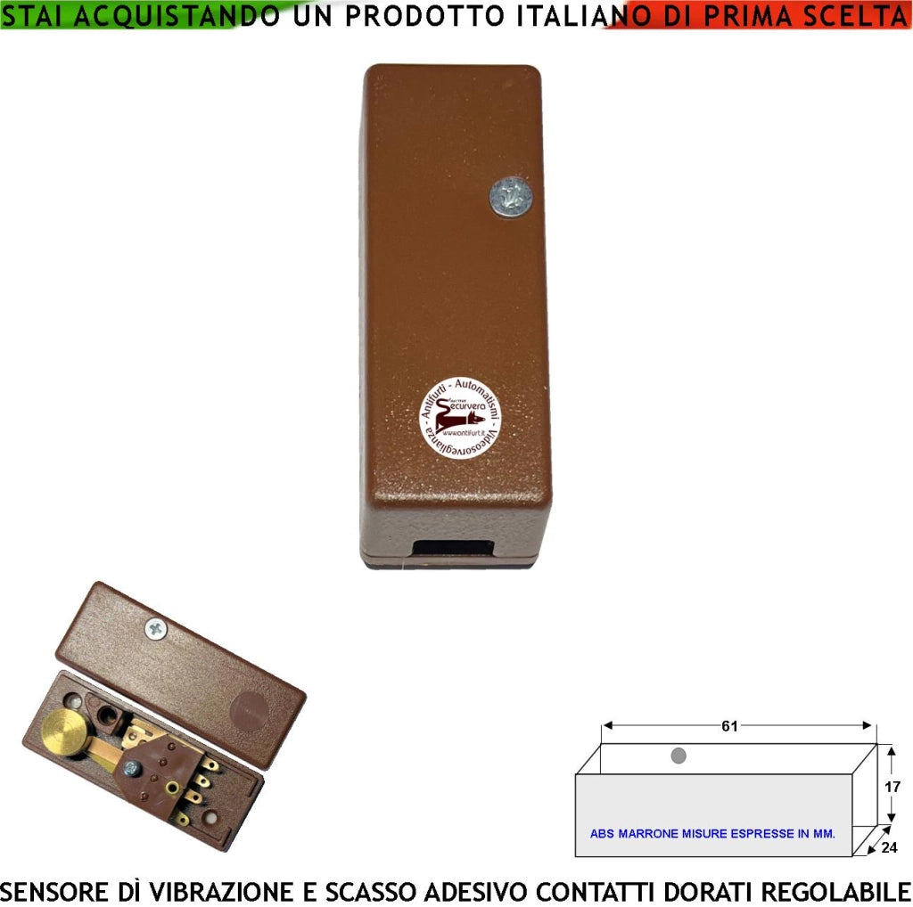 Sensore di Scasso Rileva le Vibrazioni Continue Collegamento Via Filo Per Antifurto di Inferriate Porte Vetrate Martelletto Regolabile Contatto Allarme NC Tamper Contenitore Adesivo ABS Marrone IP30