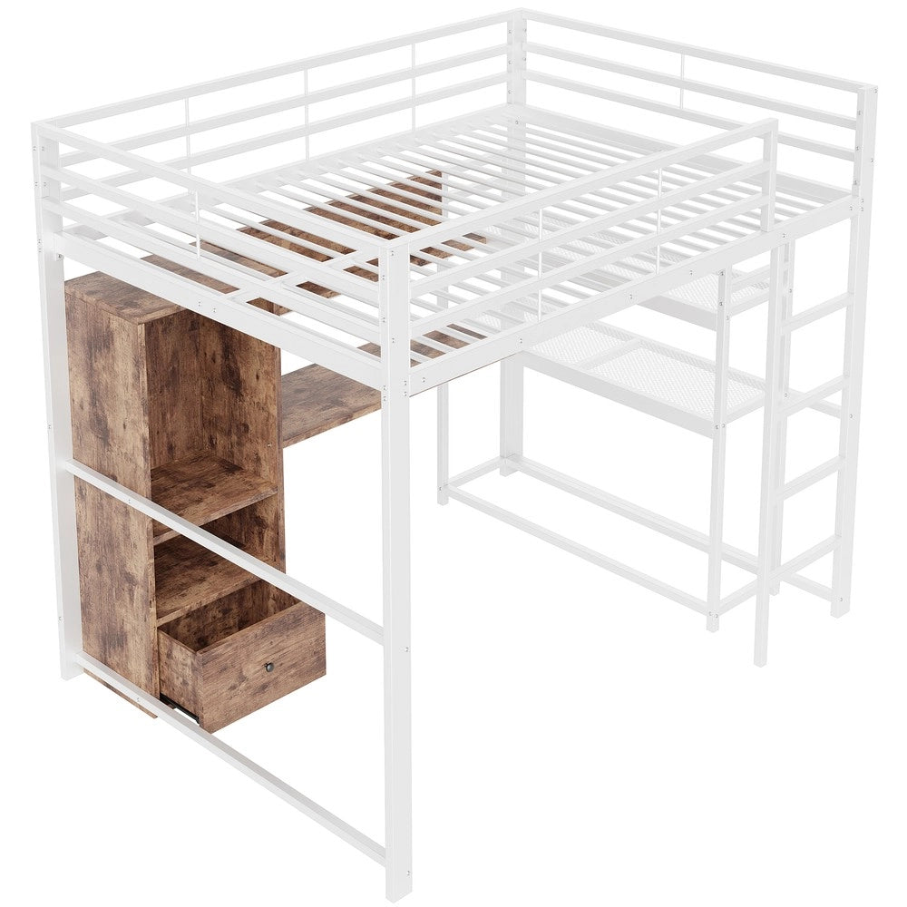 Letto a Soppalco con Scrivania, LED, Cassetti e Scaletta ¨C MINIMAL ¨C Metallo, Bianco, 140x200