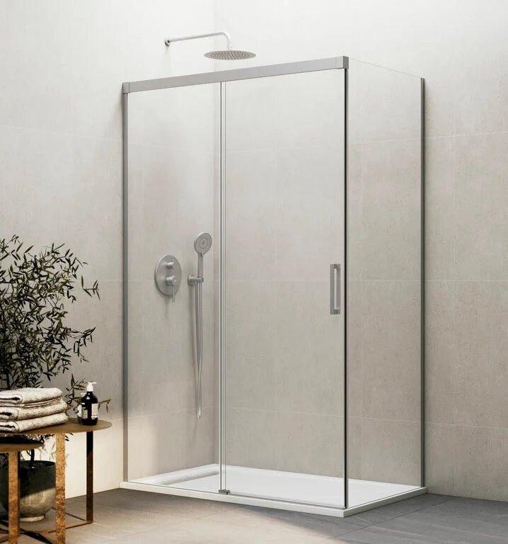 Box doccia angolare BASIC fisso + scorrevole + laterale fisso 110x90 cm (105-110/86,5-89) nichel spazzolato vetro trasparente