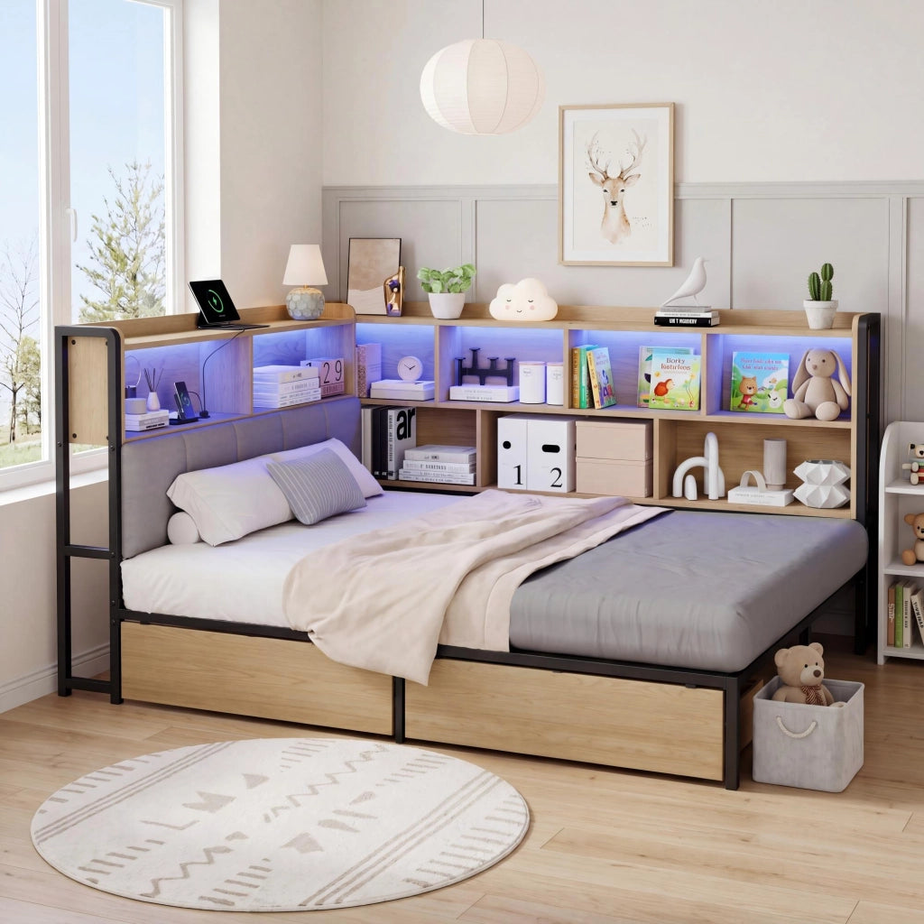 Letto Imbottito con LED, USB, Cassetti e Rete a Doghe in Metallo ¨C MINIMAL ¨C 140x200