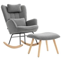 Sedia a dondolo con Poggiapiedi, Rivestimento in Pile Morbido, Gambali in Legno, Cuscino, Alto Schienale, Sedia a Dondolo, Grigio scuro