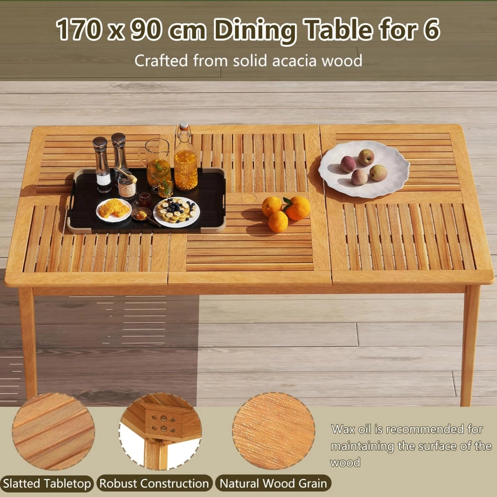 Tavolo in legno per esterni, 100/170/200 cm, tavolo da giardino in legno di acacia con foro di 5 cm, per cortile, veranda e giardino, resistente alle intemperie (170 x 90 cm)