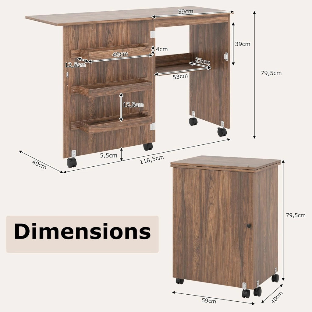 Tavolo Cucire con Ruote, Tavolino Cucito Pieghevole, Asse da Stiro Richiudibile, Mobile per Macchina da Cucire a Scomparsa, Allungabile a 3 Livelli, 117x40x78 cm, 4 Colori Disponibili (4)