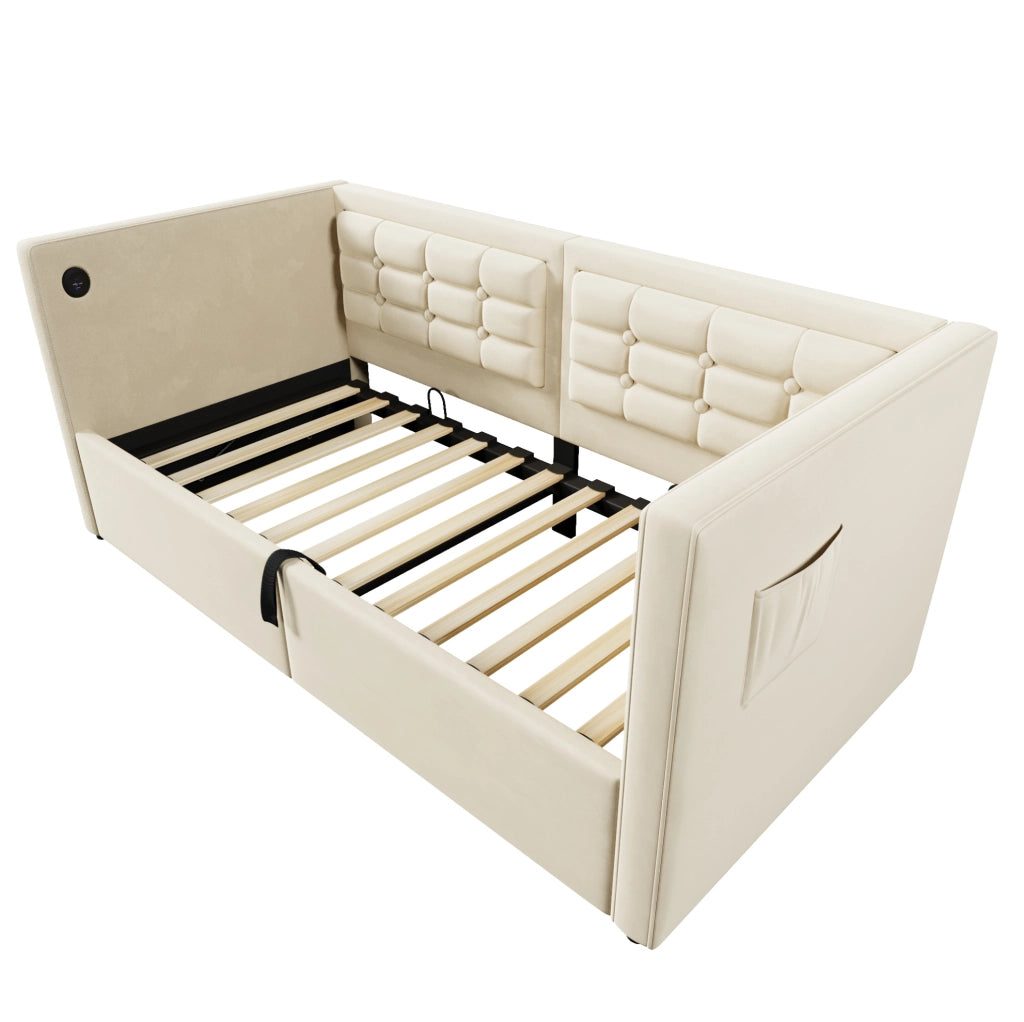 Divano letto 90x200 cm in velluto beige con contenitore， USB e Type-C， senza materasso